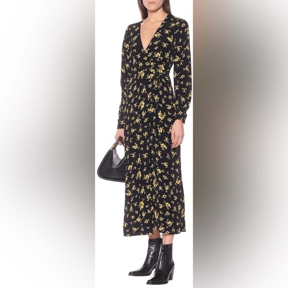 NWT Ganni Black and Yellow Floral Midi Long Sleeve Wrap Dress